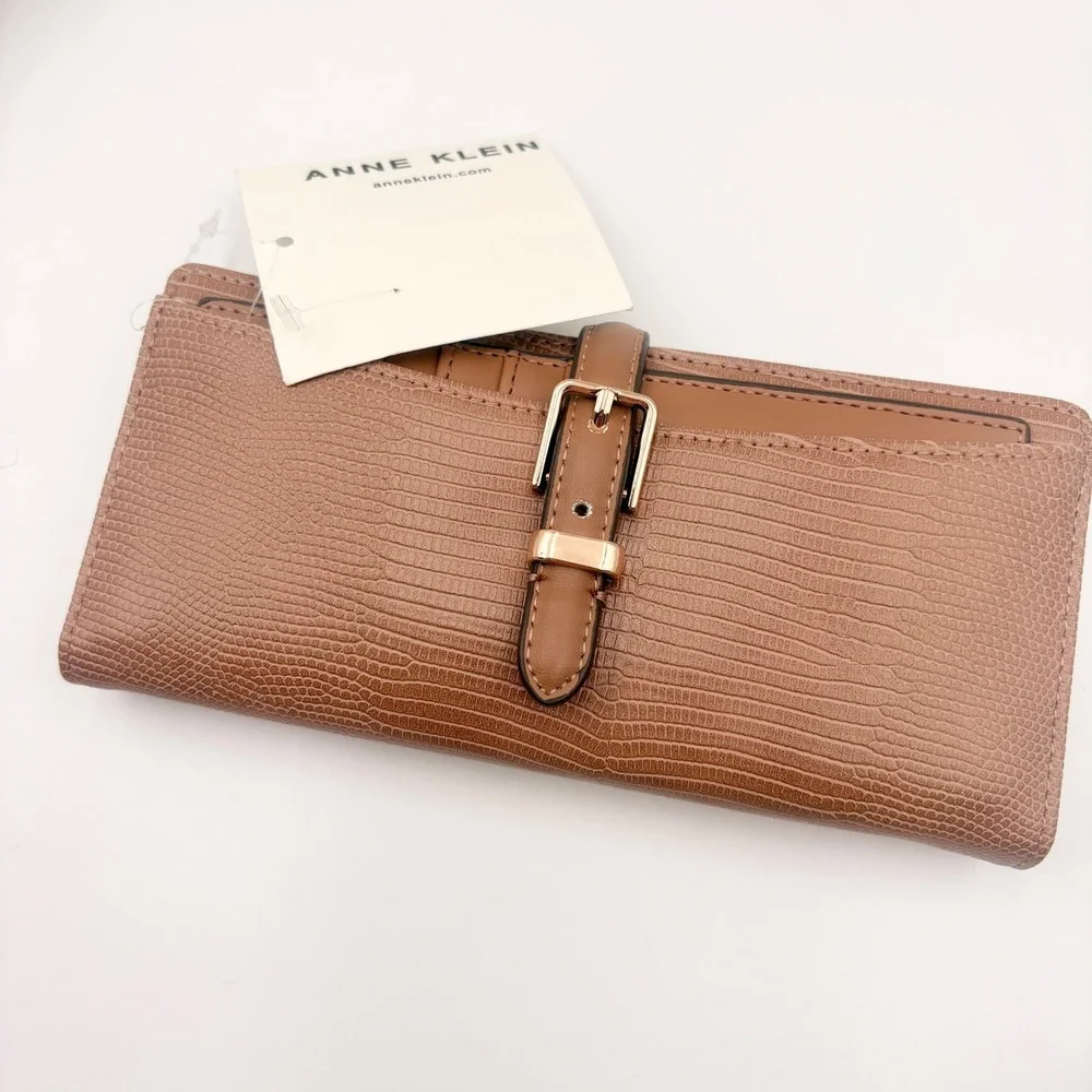 Anne Klein‎ 2 Piece Buckle Wallet Mocha Lizard Embossed Slim Card Case NEW